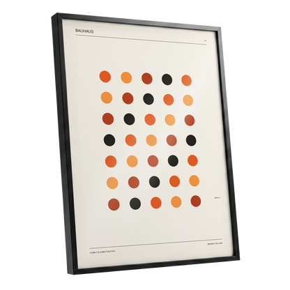 Bauhaus Rhythm No. 19, beige, orange, brown minimalist wall art shown as a black framed poster wall art print