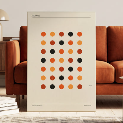 Bauhaus Rhythm No. 19, beige, orange, brown minimalist wall art on canvas displayed in a styled interior, gallery view 1