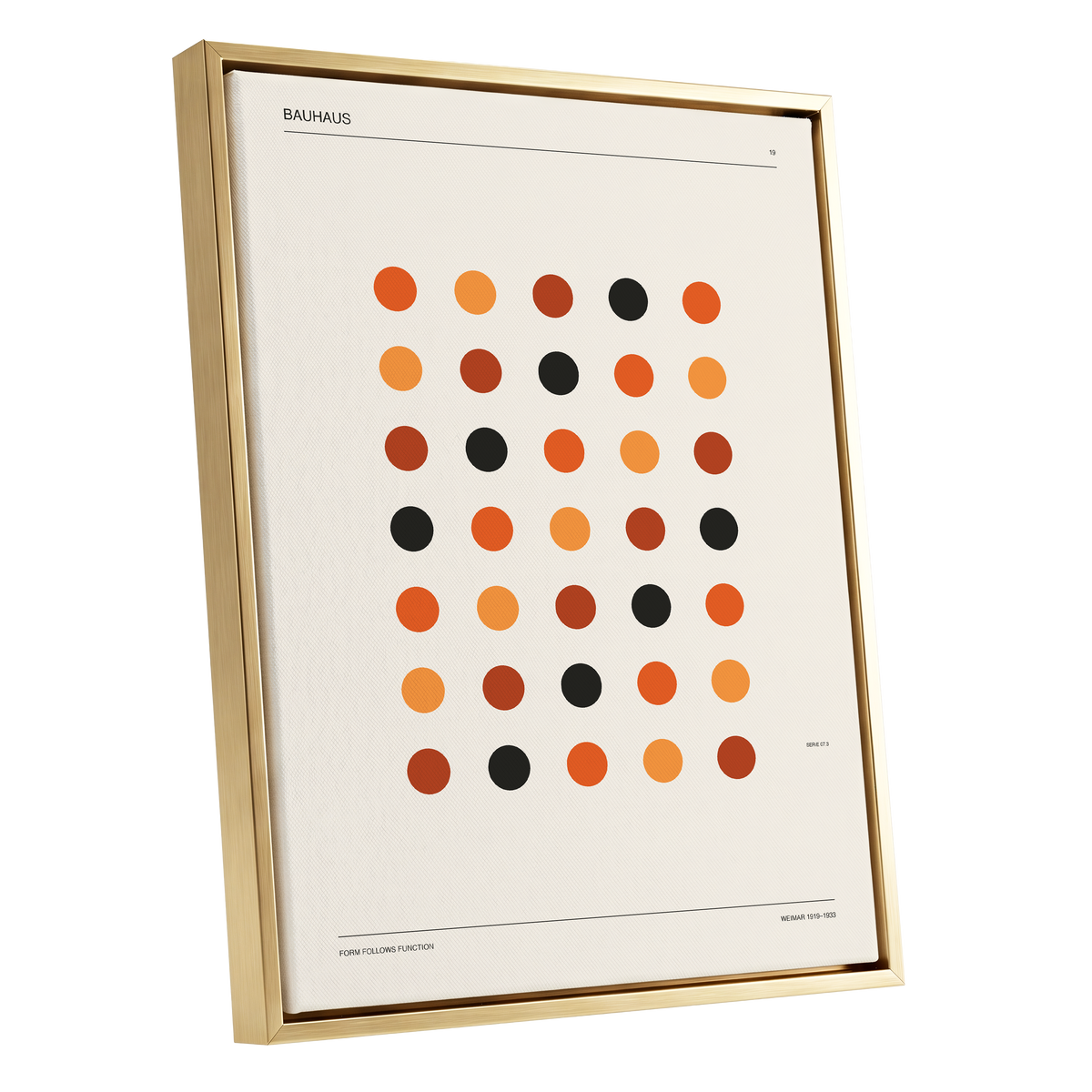Bauhaus Rhythm No. 19, beige, orange, brown minimalist wall art shown as a gold framed canvas wall art