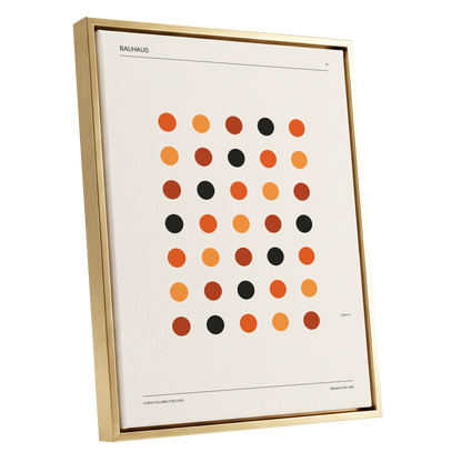 Bauhaus Rhythm No. 19, beige, orange, brown minimalist wall art shown as a gold framed canvas wall art