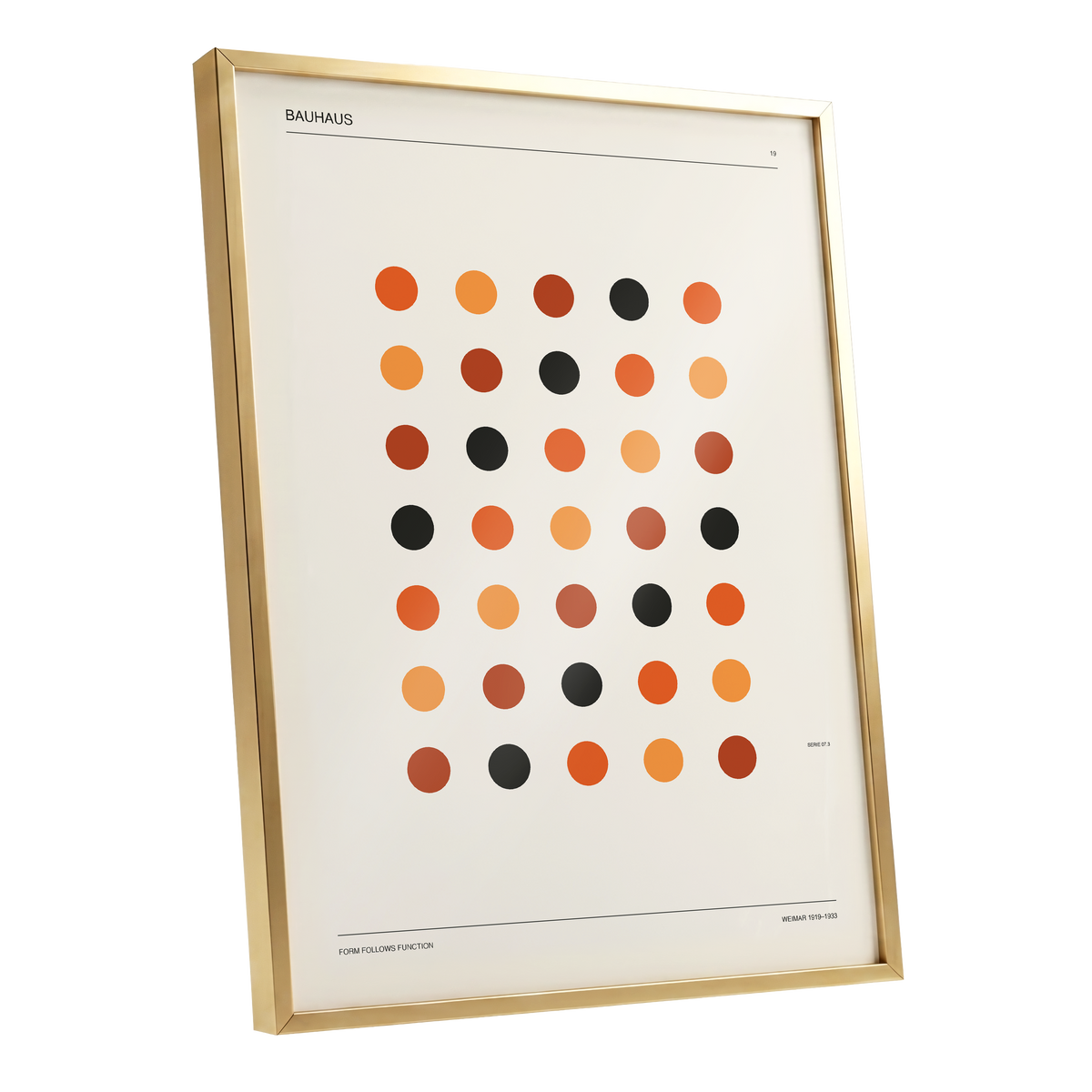 Bauhaus Rhythm No. 19, beige, orange, brown minimalist wall art shown as a gold framed poster wall art print