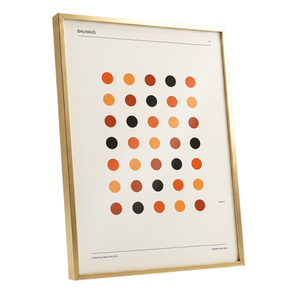 Bauhaus Rhythm No. 19, beige, orange, brown minimalist wall art shown as a gold framed poster wall art print