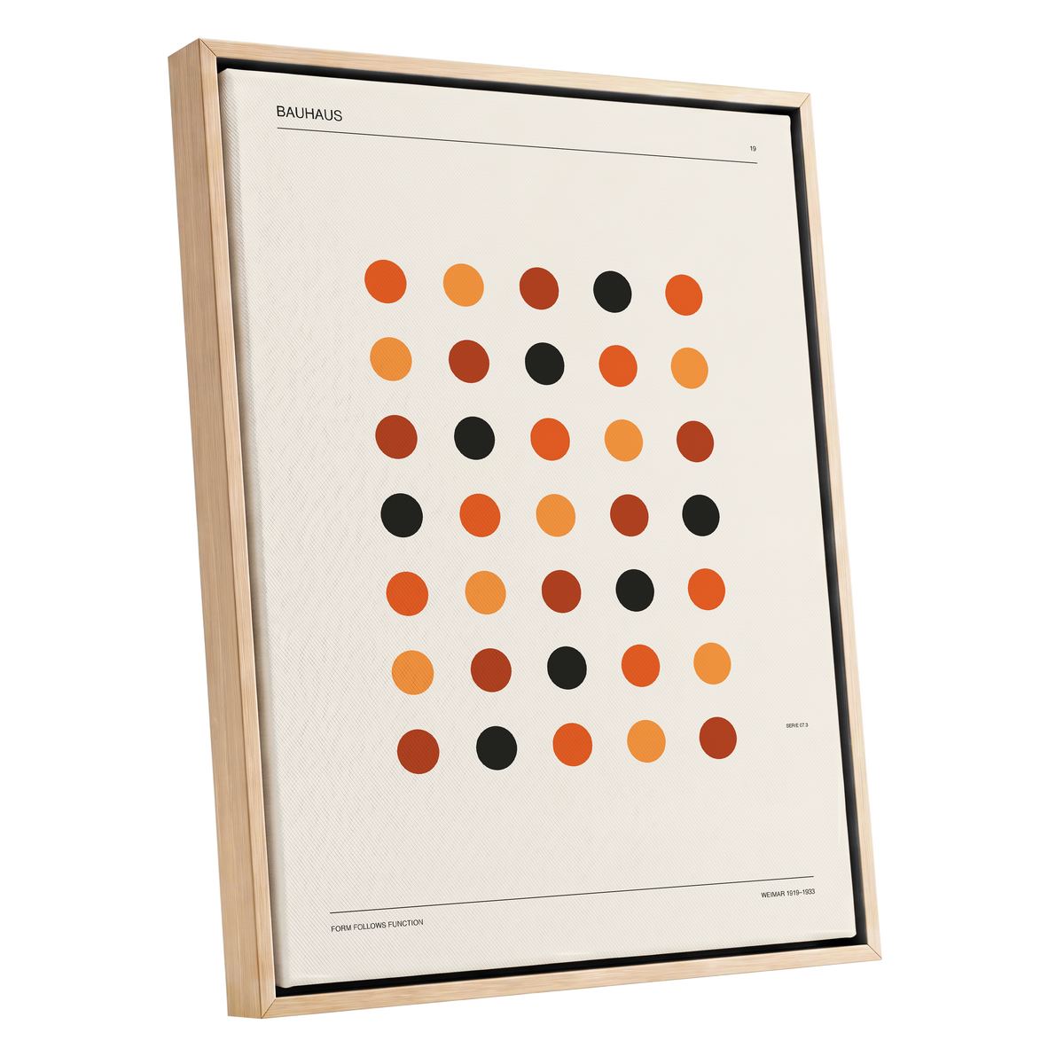 Bauhaus Rhythm No. 19, beige, orange, brown minimalist wall art shown as a oak framed canvas wall art