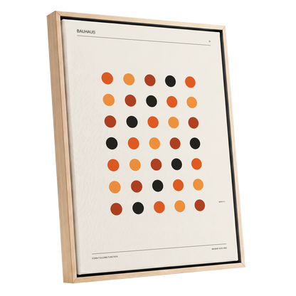 Bauhaus Rhythm No. 19, beige, orange, brown minimalist wall art shown as a oak framed canvas wall art