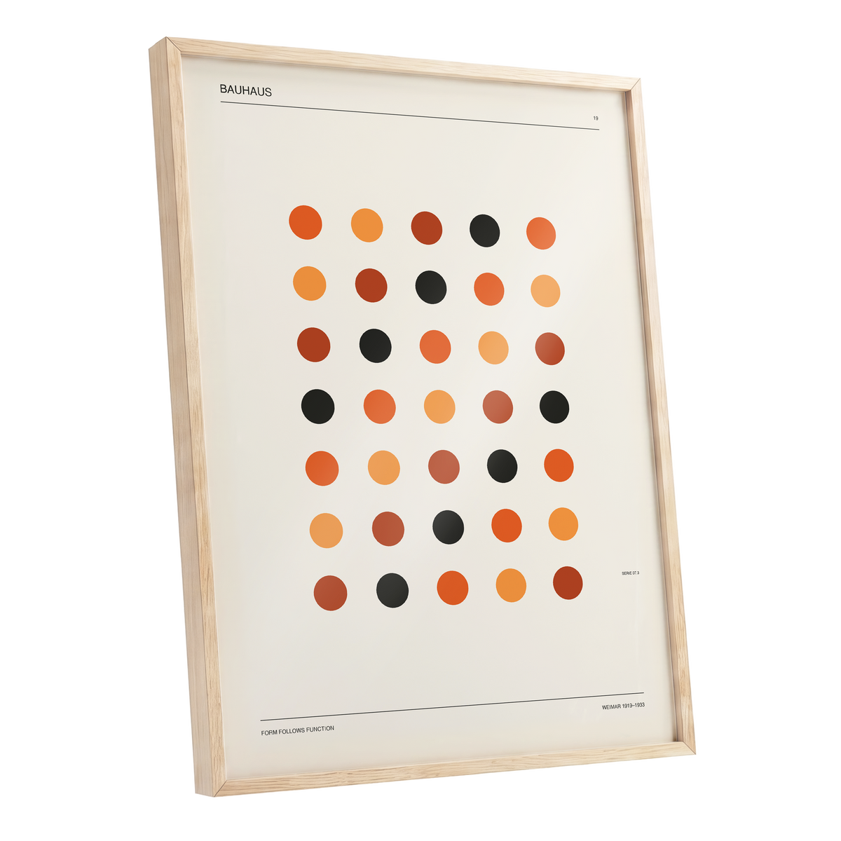 Bauhaus Rhythm No. 19, beige, orange, brown minimalist wall art shown as a oak framed poster wall art print