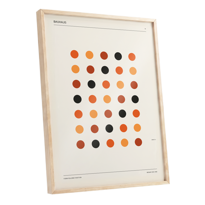 Bauhaus Rhythm No. 19, beige, orange, brown minimalist wall art shown as a oak framed poster wall art print