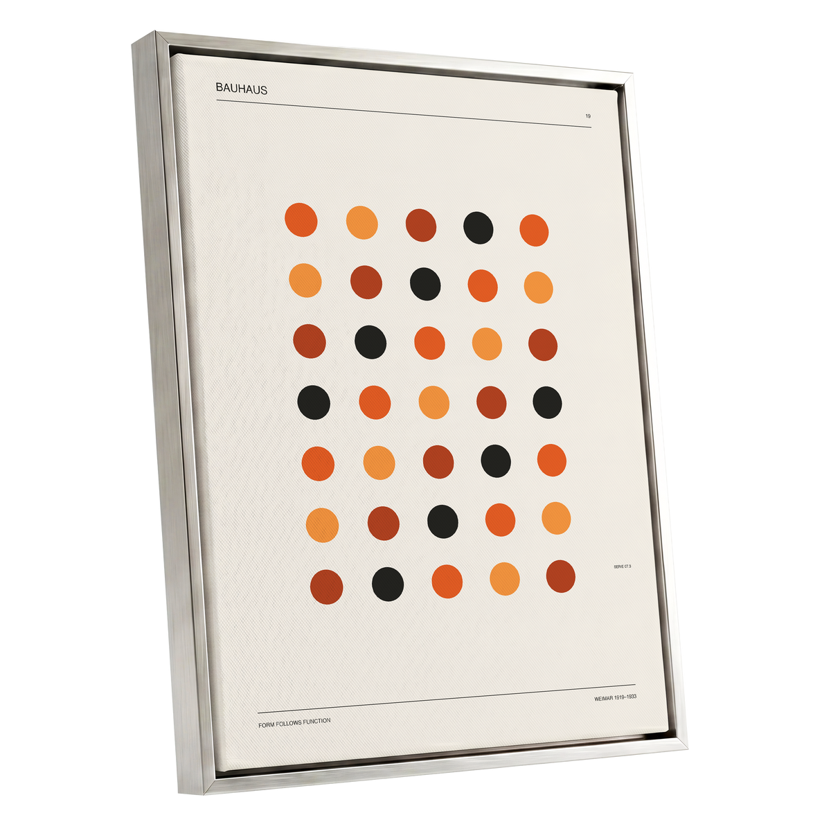 Bauhaus Rhythm No. 19, beige, orange, brown minimalist wall art shown as a silver framed canvas wall art