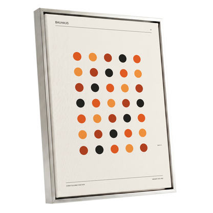Bauhaus Rhythm No. 19, beige, orange, brown minimalist wall art shown as a silver framed canvas wall art