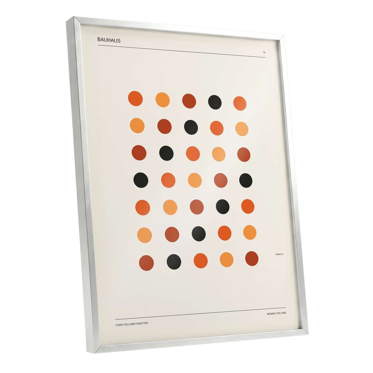 Bauhaus Rhythm No. 19, beige, orange, brown minimalist wall art shown as a silver framed poster wall art print