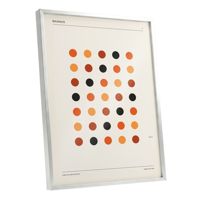 Bauhaus Rhythm No. 19, beige, orange, brown minimalist wall art shown as a silver framed poster wall art print