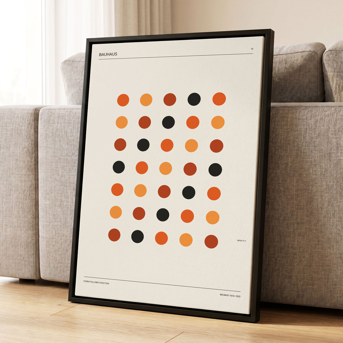 Bauhaus Rhythm No. 19, beige, orange, brown minimalist wall art displayed in a styled interior, gallery view 1