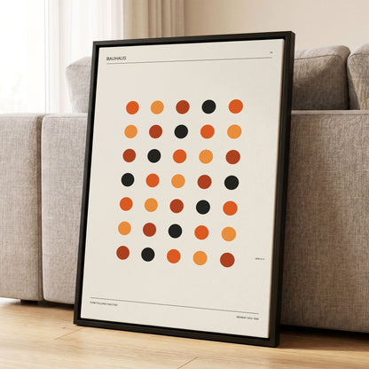 Bauhaus Rhythm No. 19, beige, orange, brown minimalist wall art displayed in a styled interior, gallery view 1