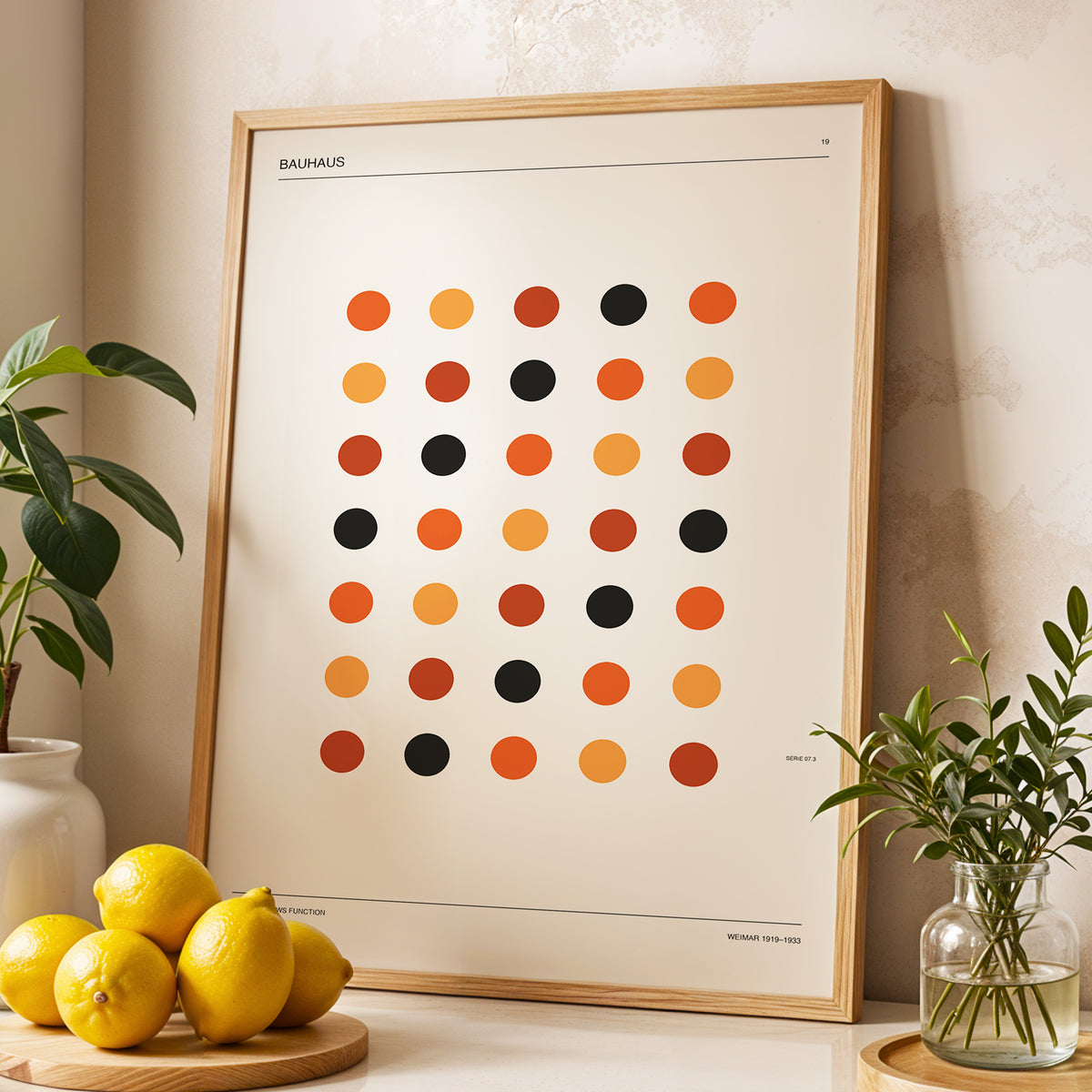 Bauhaus Rhythm No. 19, beige, orange, brown minimalist wall art displayed in a styled interior, gallery view 2