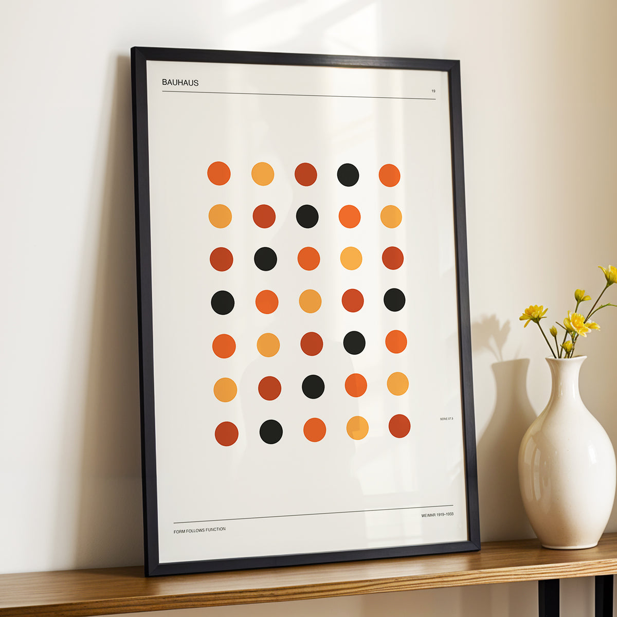 Bauhaus Rhythm No. 19, beige, orange, brown minimalist wall art displayed in a styled interior, gallery view 3
