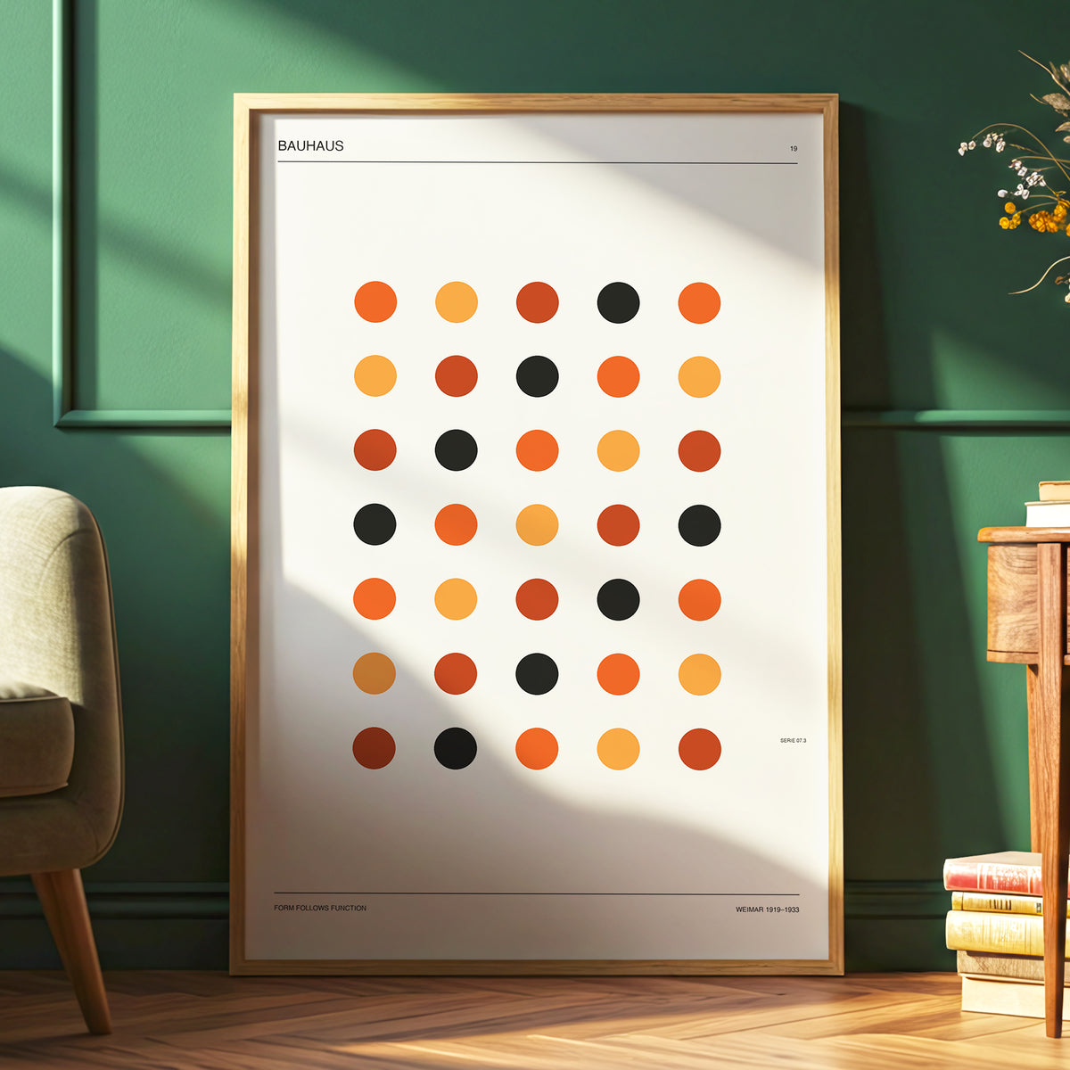 Bauhaus Rhythm No. 19, beige, orange, brown minimalist wall art displayed in a styled interior, gallery view 6