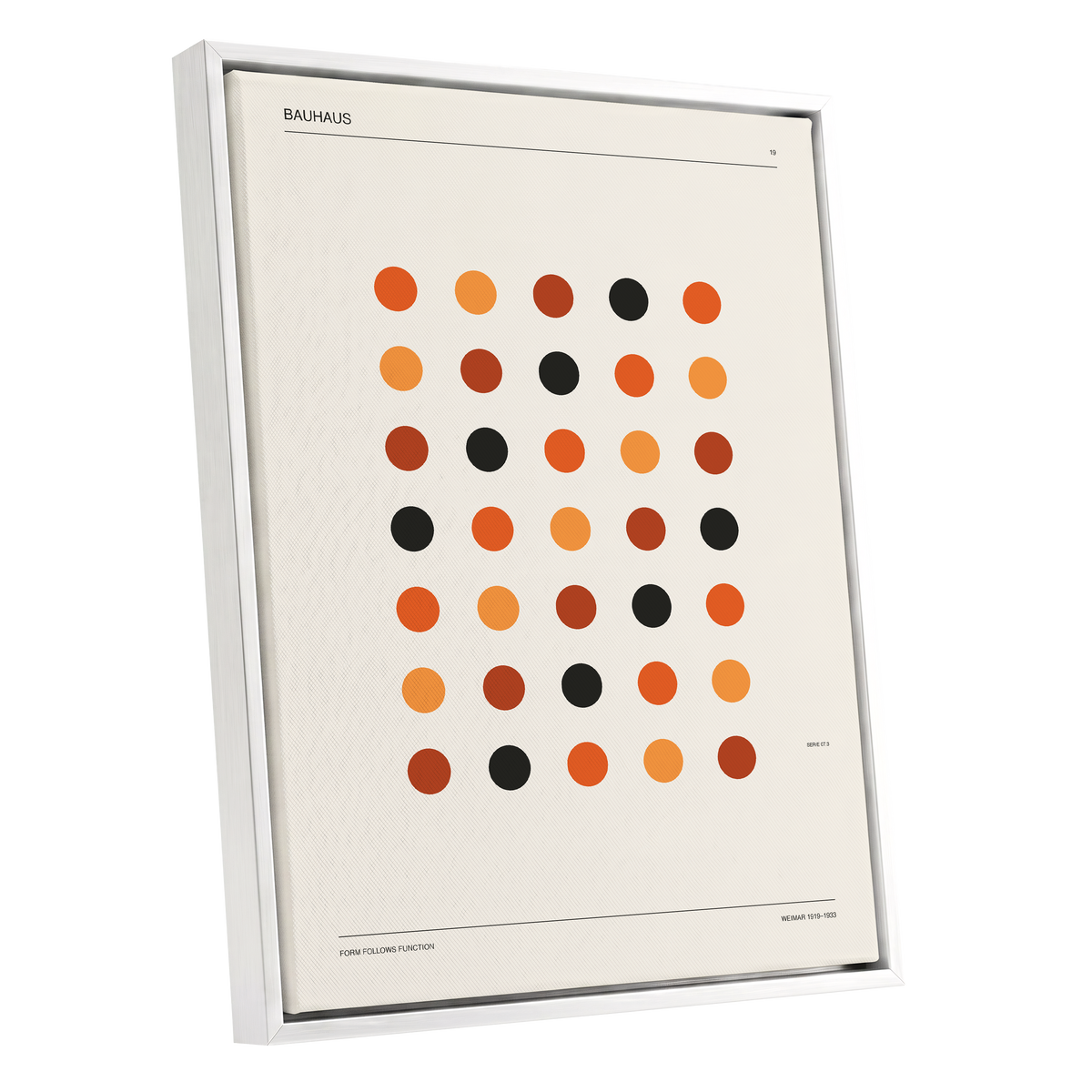 Bauhaus Rhythm No. 19, beige, orange, brown minimalist wall art shown as a white framed canvas wall art