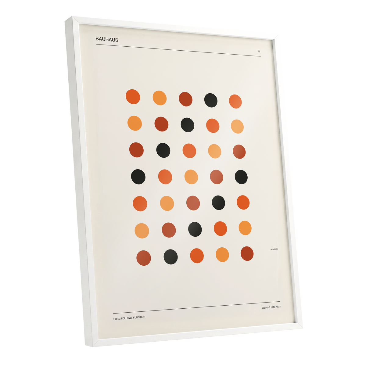 Bauhaus Rhythm No. 19, beige, orange, brown minimalist wall art shown as a white framed poster wall art print