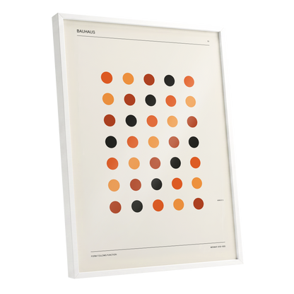 Bauhaus Rhythm No. 19, beige, orange, brown minimalist wall art shown as a white framed poster wall art print