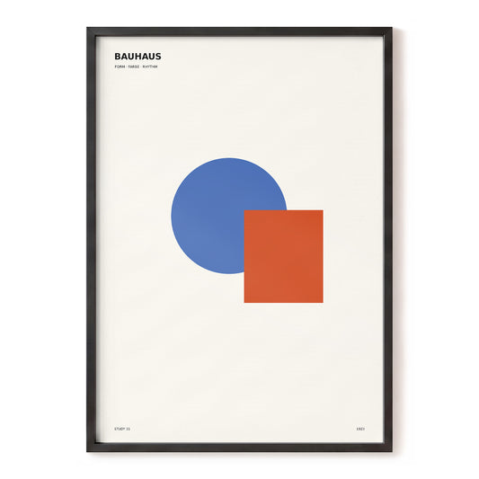 Bauhaus Rhythm Study, beige, blue, orange minimalist wall art, front artwork view