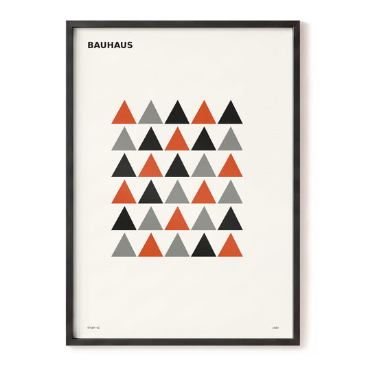 Bauhaus Triangle Study, beige, black, orange minimalist wall art, front artwork view