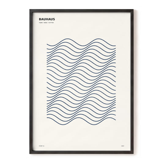 Bauhaus Wave Study, blue, beige minimalist wall art, front artwork view