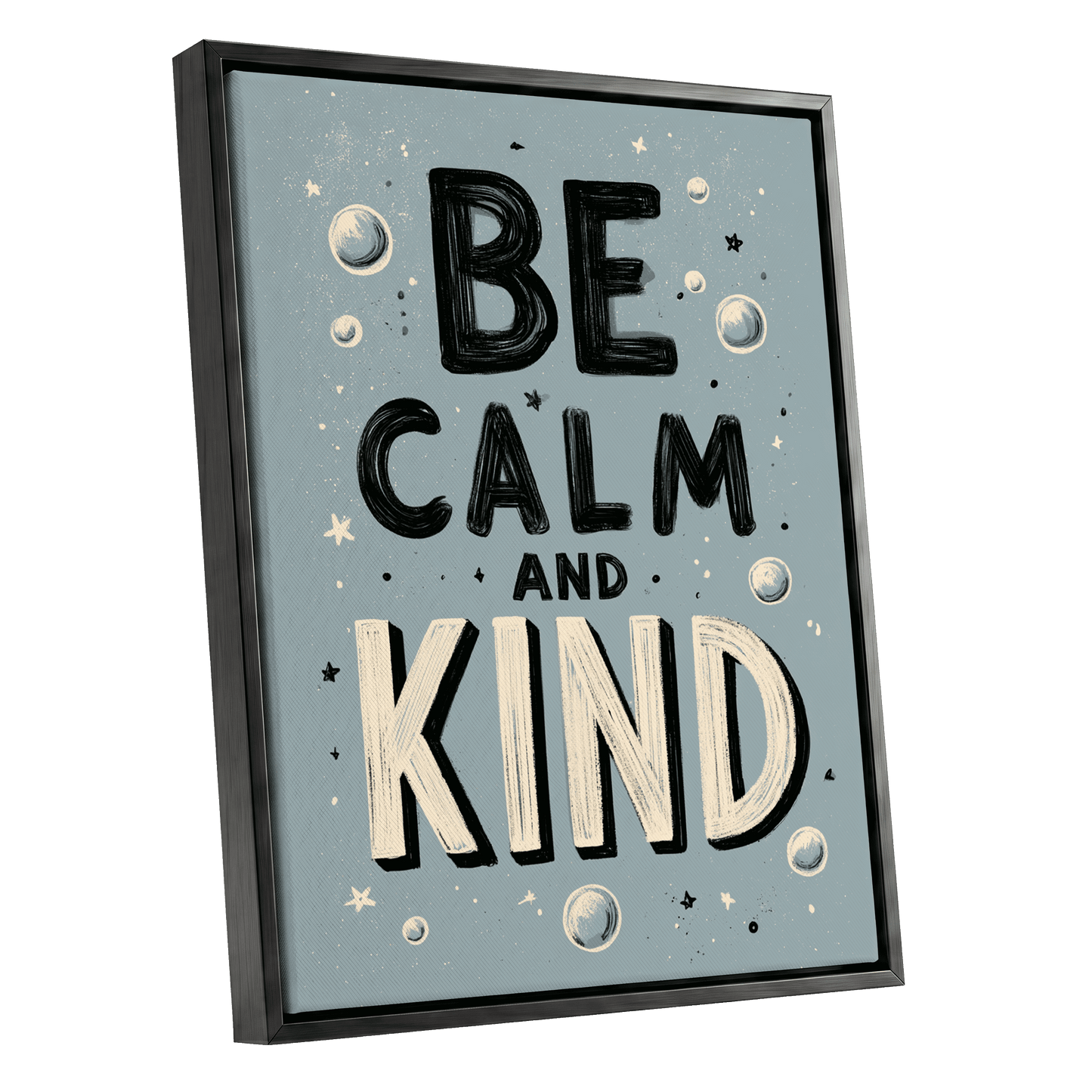 Be Calm and Kind, gray, black, beige minimalist wall art shown as a black framed canvas wall art