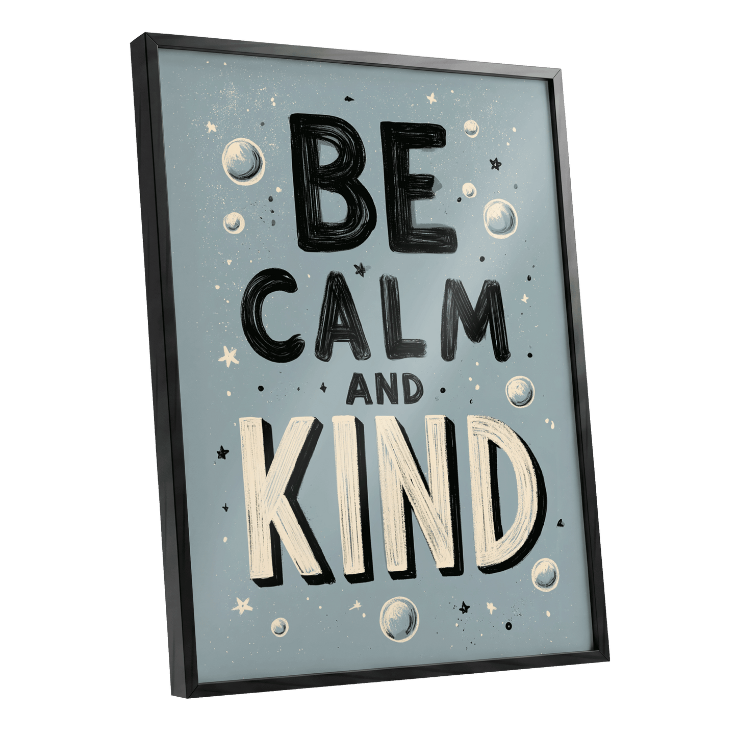 Be Calm and Kind, gray, black, beige minimalist wall art shown as a black framed poster wall art print