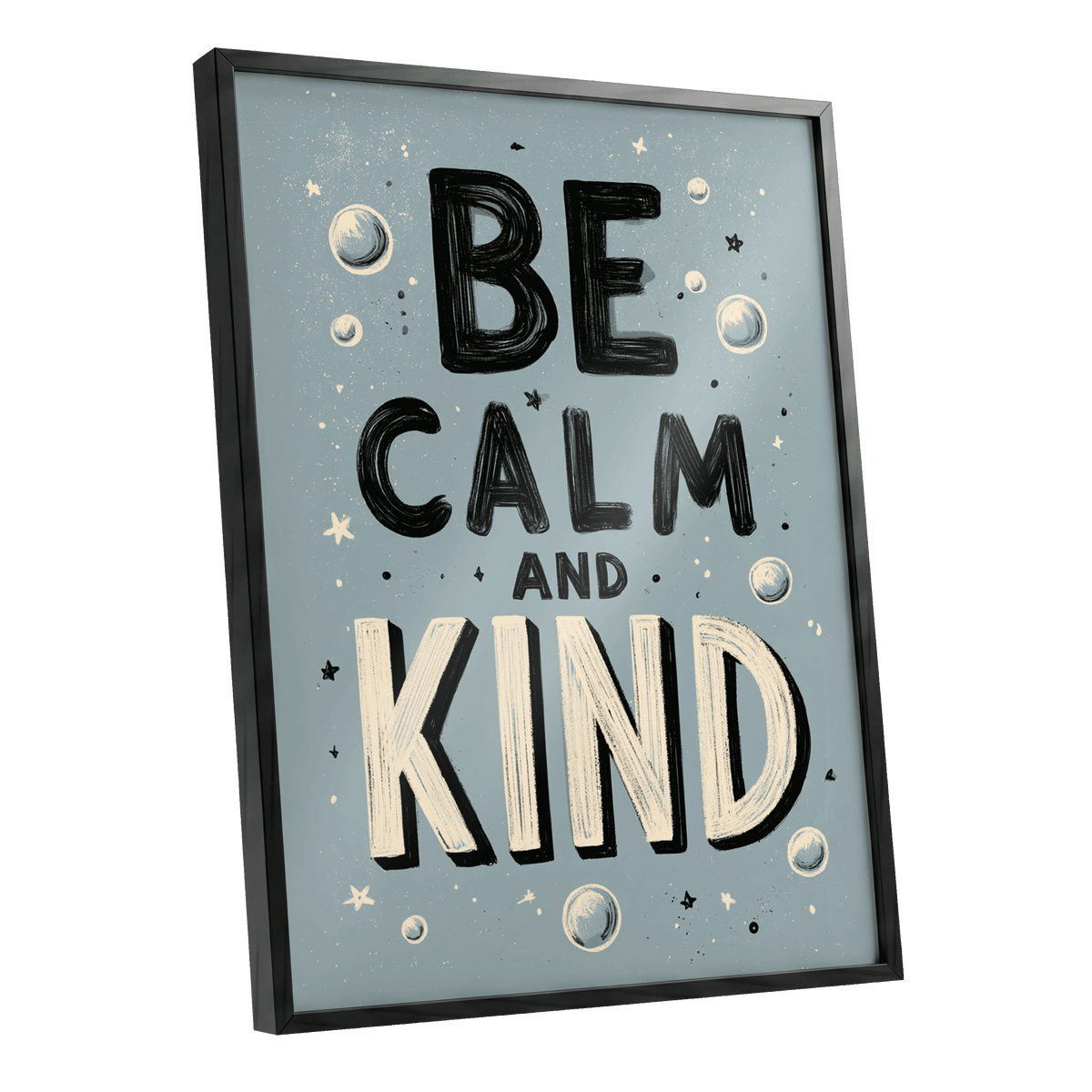 Be Calm and Kind, gray, black, beige minimalist wall art shown as a black framed poster wall art print