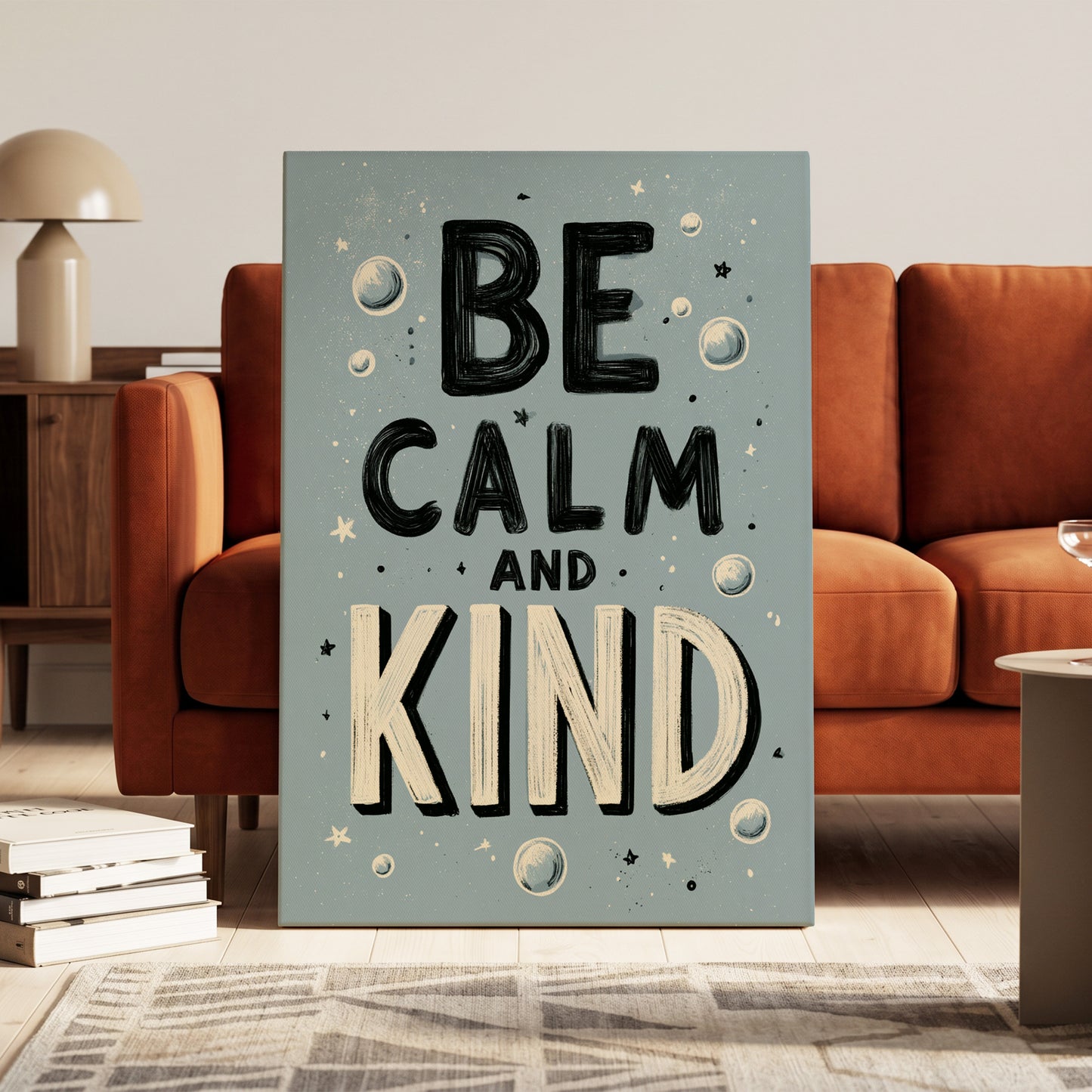 Be Calm and Kind, gray, black, beige minimalist wall art on canvas displayed in a styled interior, gallery view 1