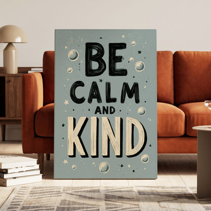 Be Calm and Kind, gray, black, beige minimalist wall art on canvas displayed in a styled interior, gallery view 1