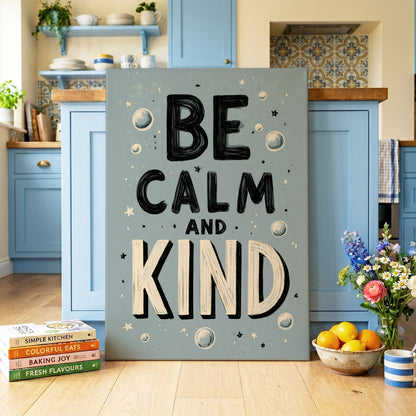 Be Calm and Kind, gray, black, beige minimalist wall art on canvas displayed in a styled interior, gallery view 2