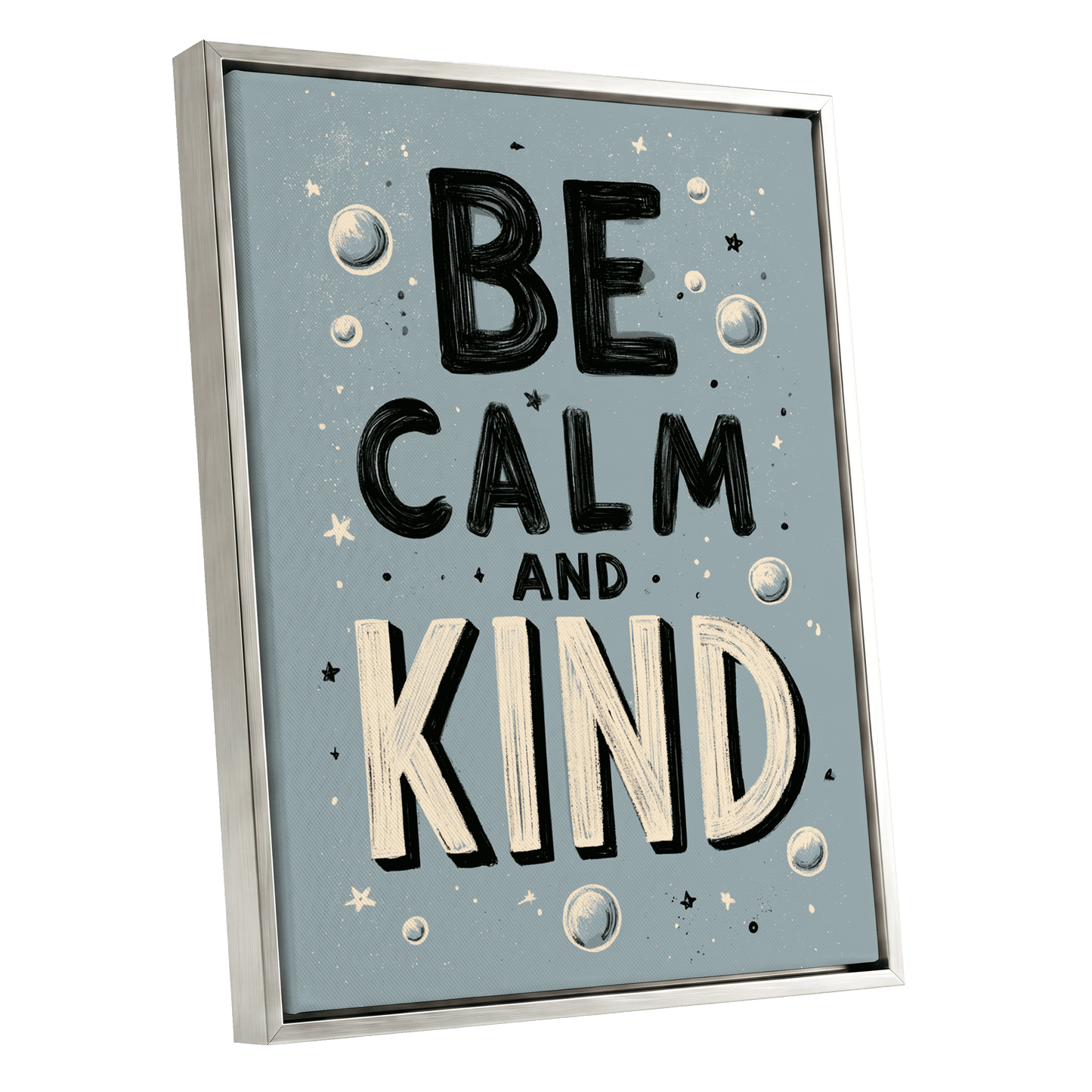 Be Calm and Kind, gray, black, beige minimalist wall art shown as a silver framed canvas wall art