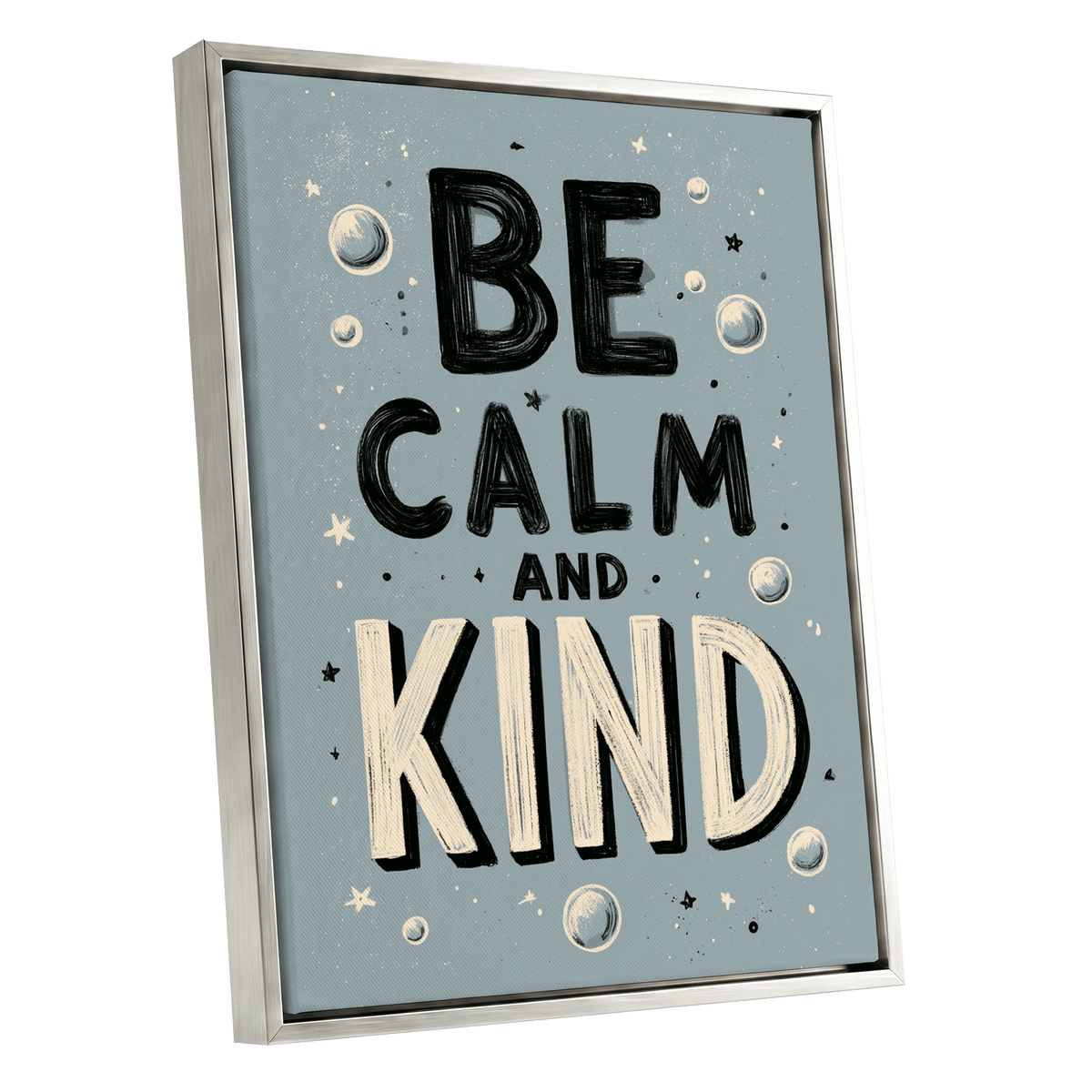 Be Calm and Kind, gray, black, beige minimalist wall art shown as a silver framed canvas wall art