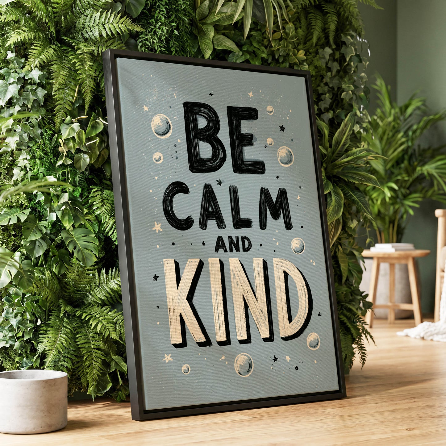 Be Calm and Kind, gray, black, beige minimalist wall art displayed in a styled interior, gallery view 1