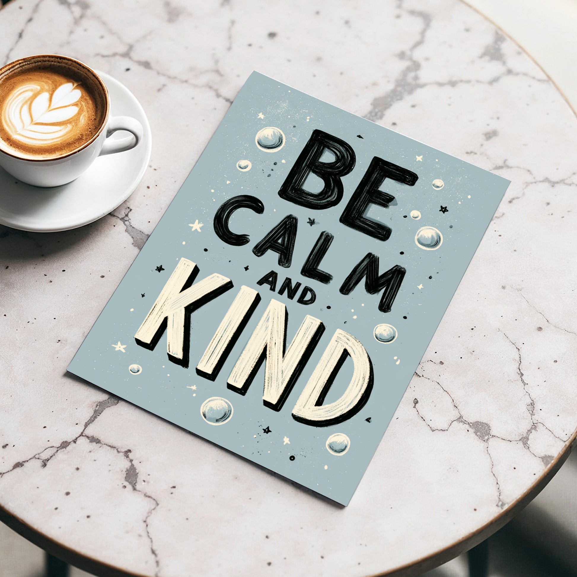 Be Calm and Kind, gray, black, beige minimalist wall art displayed in a styled interior, gallery view 3