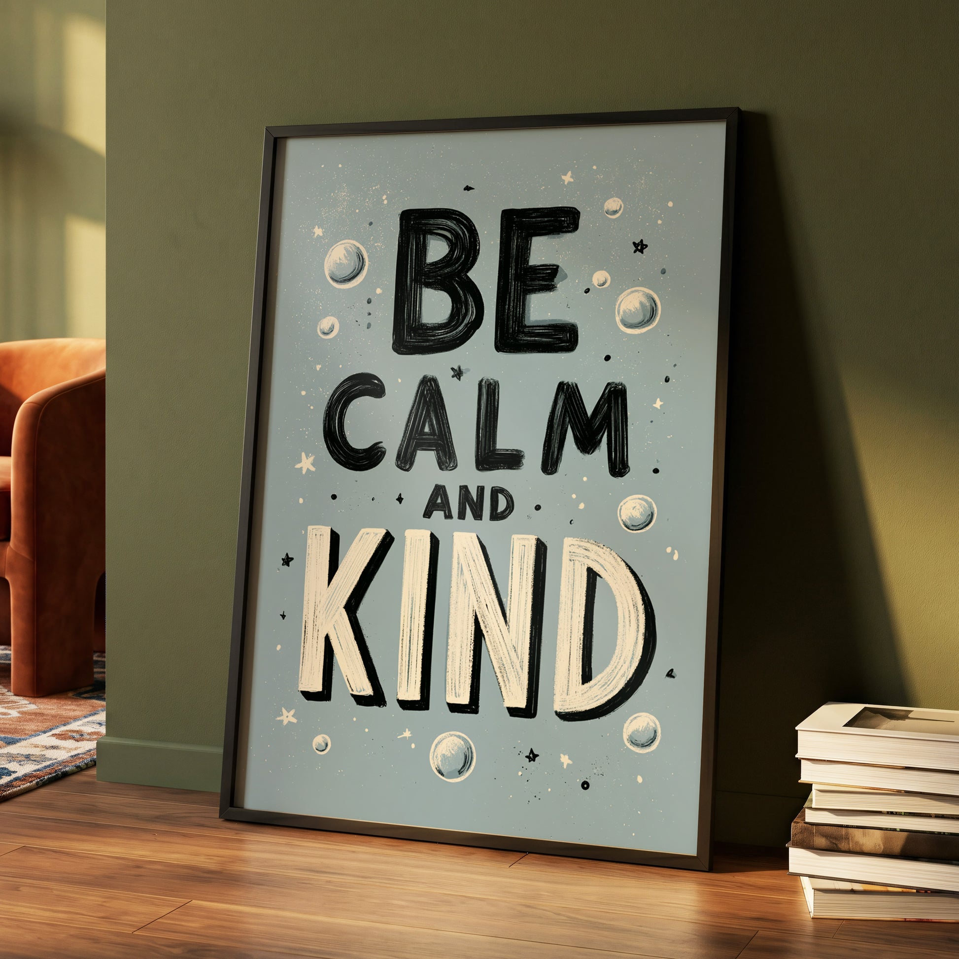 Be Calm and Kind, gray, black, beige minimalist wall art displayed in a styled interior, gallery view 4