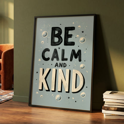 Be Calm and Kind, gray, black, beige minimalist wall art displayed in a styled interior, gallery view 4