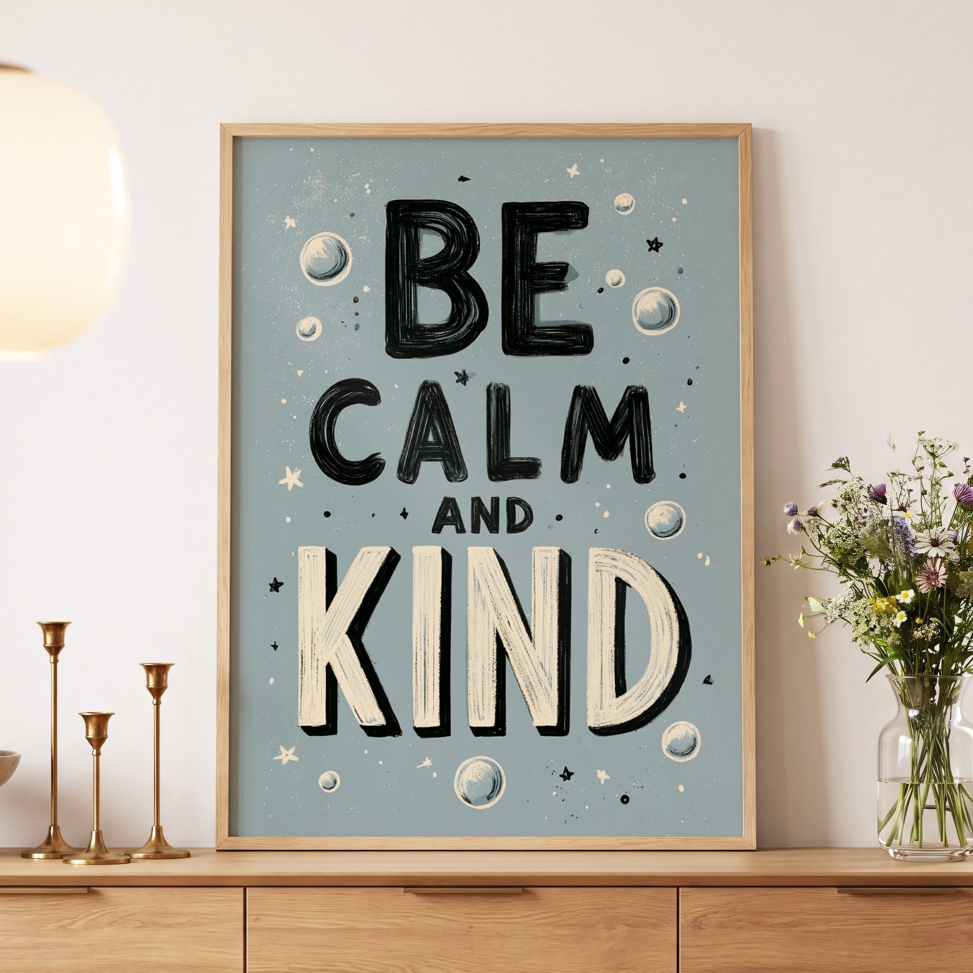 Be Calm and Kind, gray, black, beige minimalist wall art displayed in a styled interior, gallery view 5