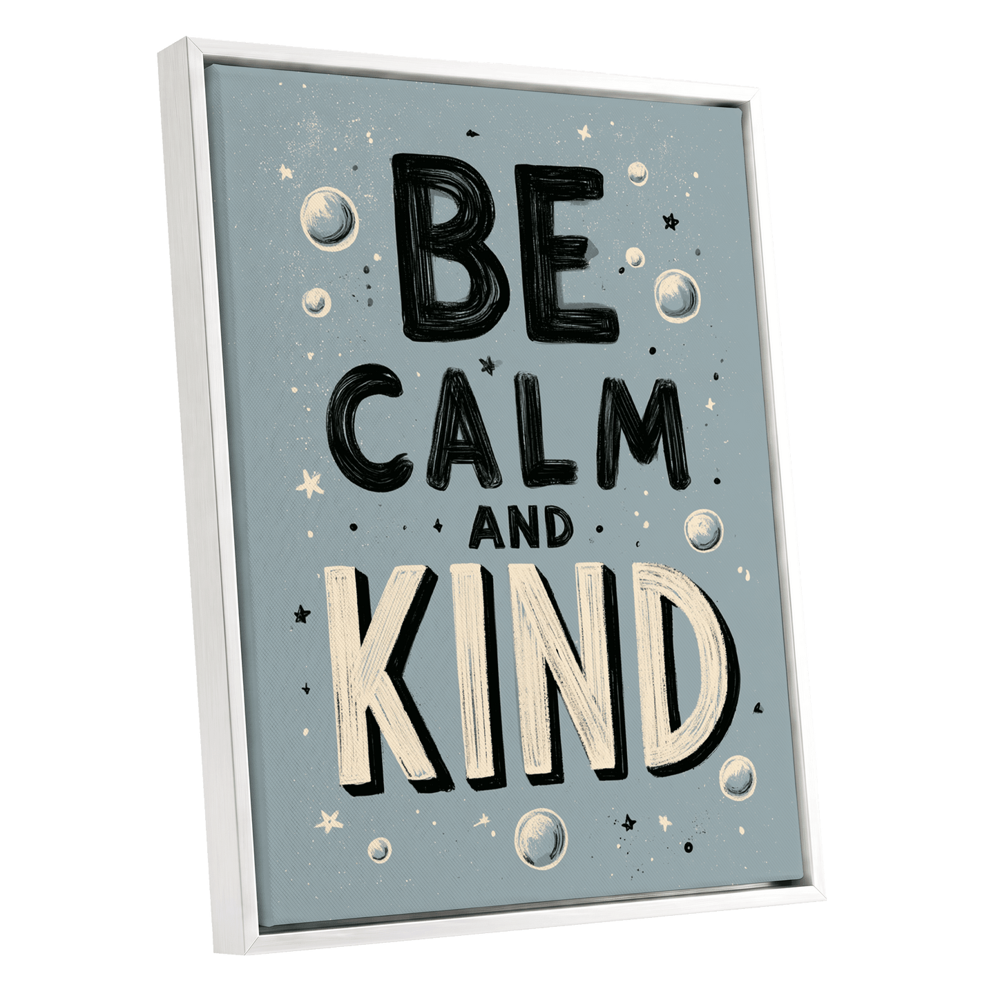 Be Calm and Kind, gray, black, beige minimalist wall art shown as a white framed canvas wall art