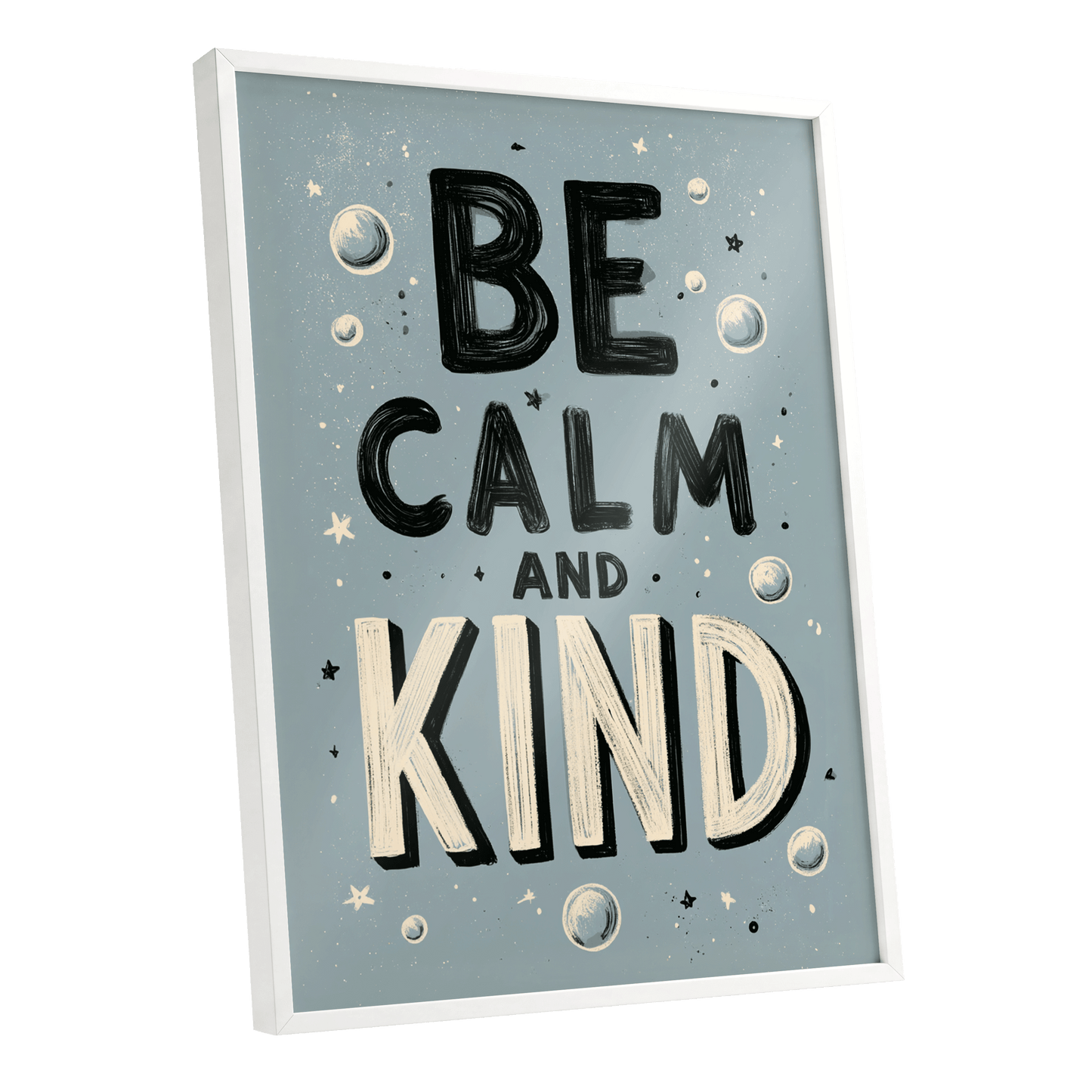 Be Calm and Kind, gray, black, beige minimalist wall art shown as a white framed poster wall art print