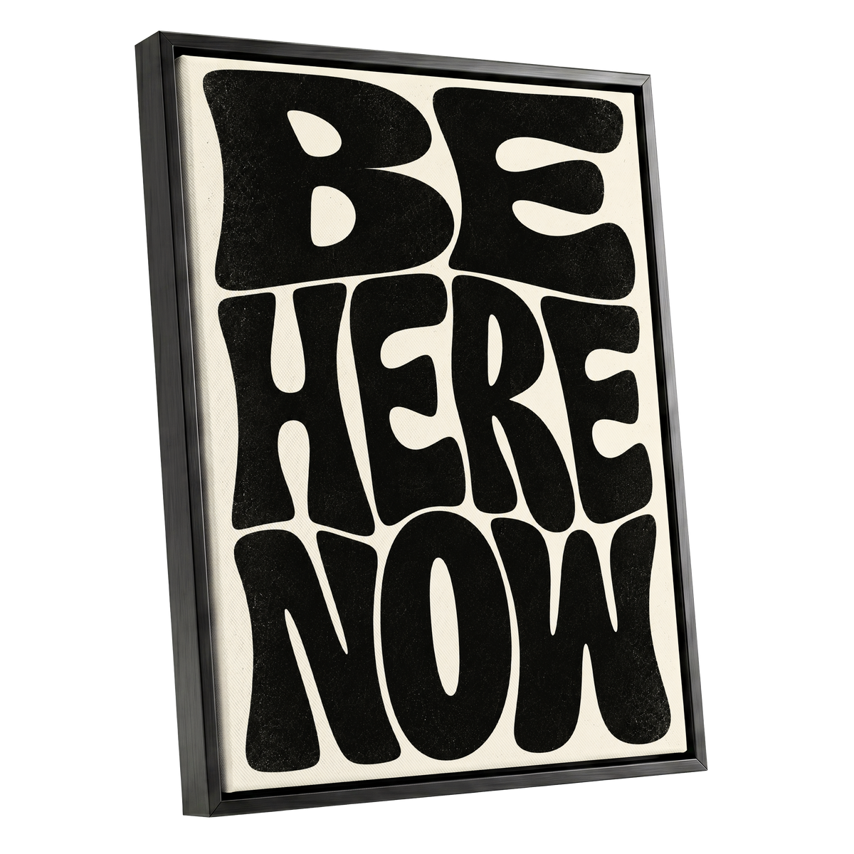 Be Here Now, black, beige minimalist wall art shown as a black framed canvas wall art