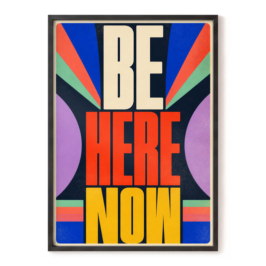 Be Here Now Burst, black, red, blue abstract wall art, front artwork view