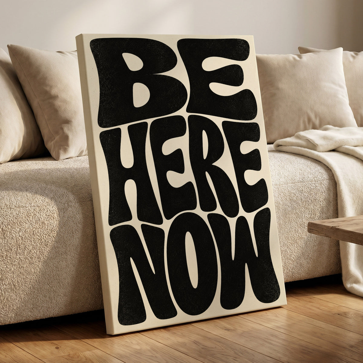 Be Here Now, black, beige minimalist wall art on canvas displayed in a styled interior, gallery view 1