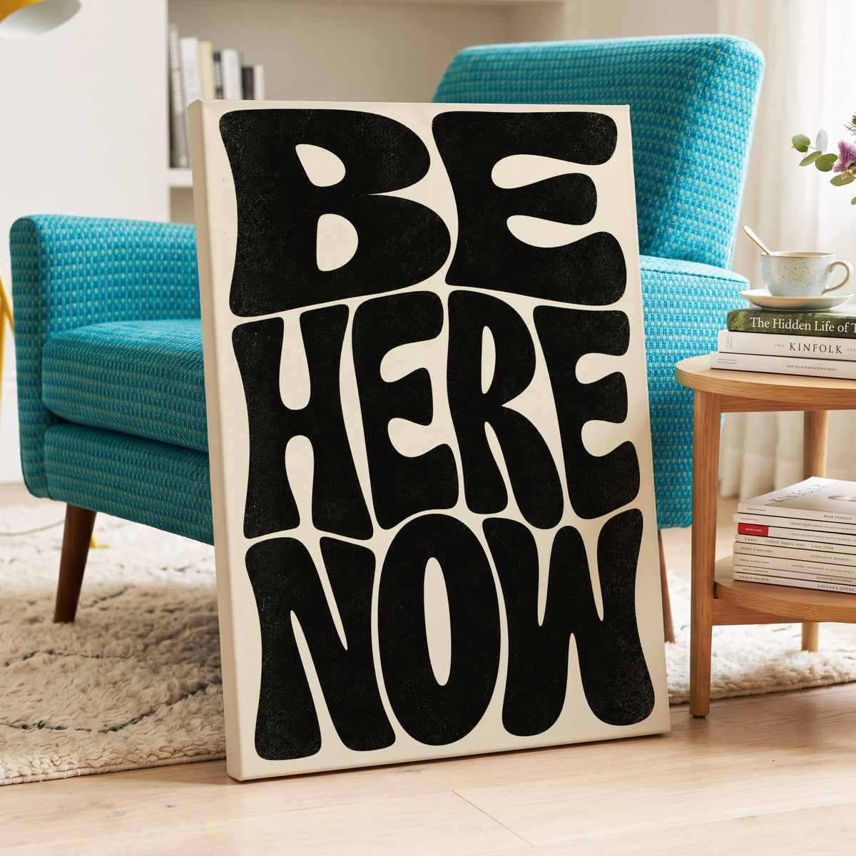 Be Here Now, black, beige minimalist wall art on canvas displayed in a styled interior, gallery view 2
