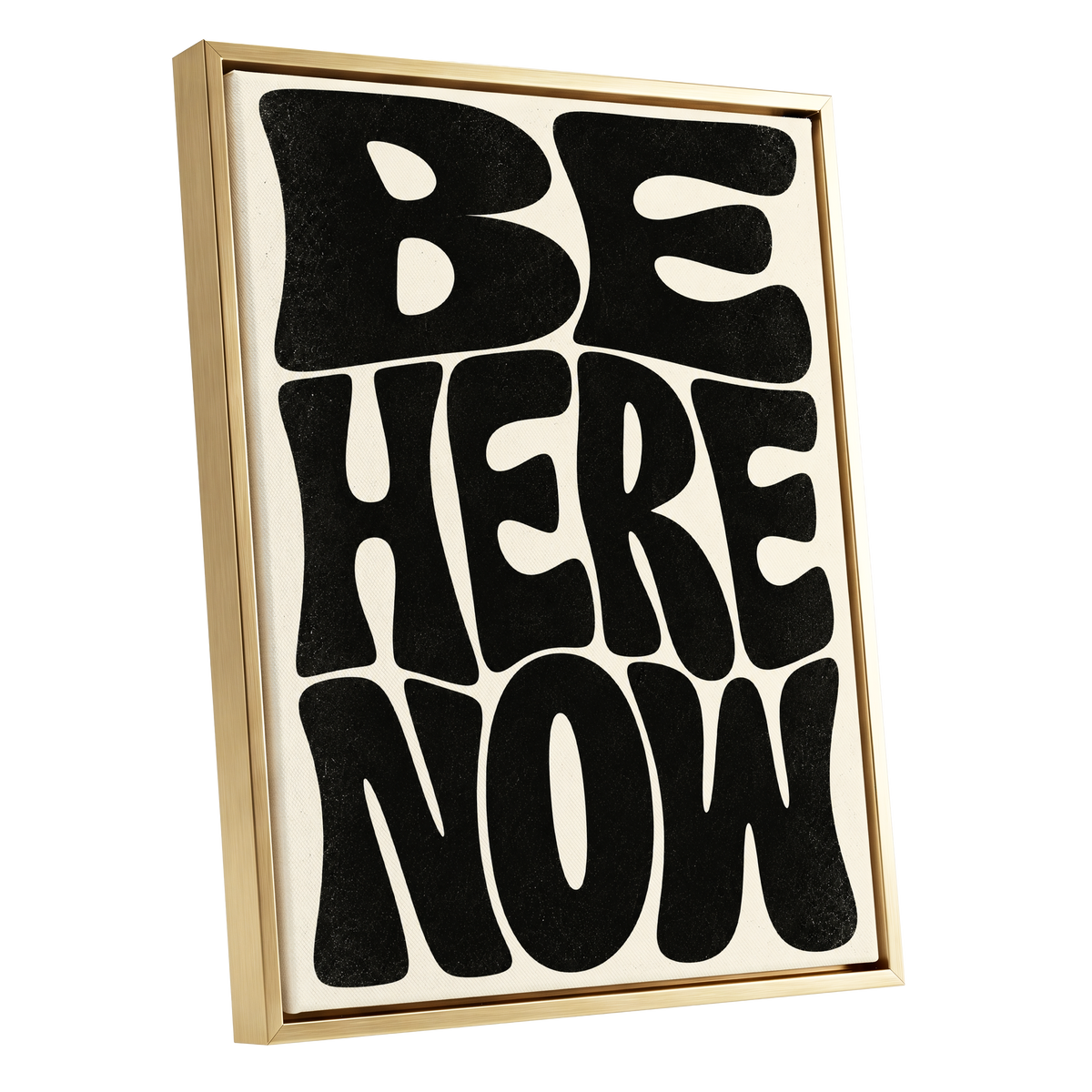 Be Here Now, black, beige minimalist wall art shown as a gold framed canvas wall art