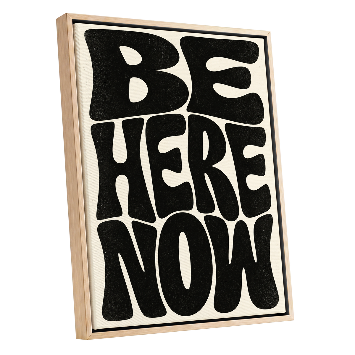 Be Here Now, black, beige minimalist wall art shown as a oak framed canvas wall art