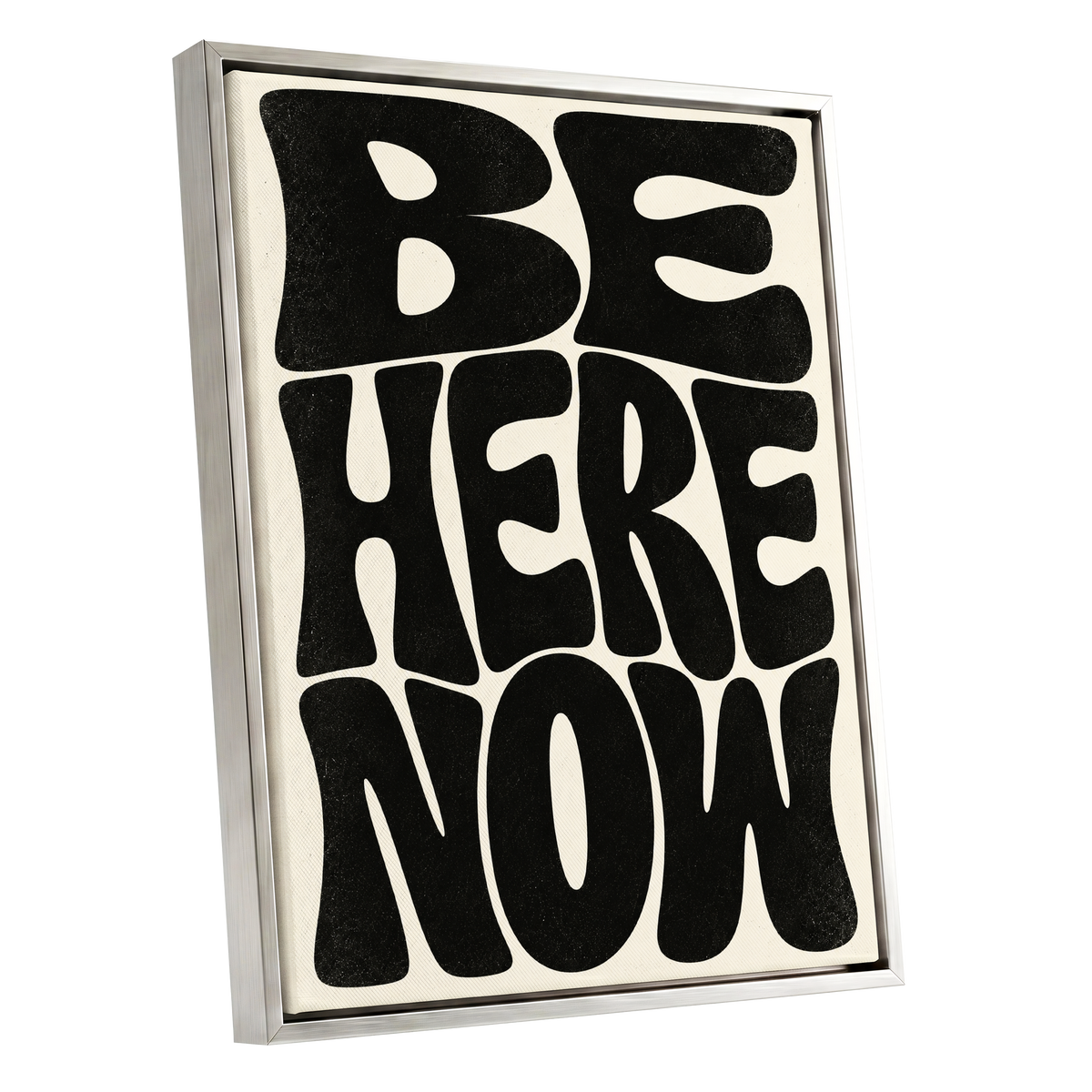 Be Here Now, black, beige minimalist wall art shown as a silver framed canvas wall art