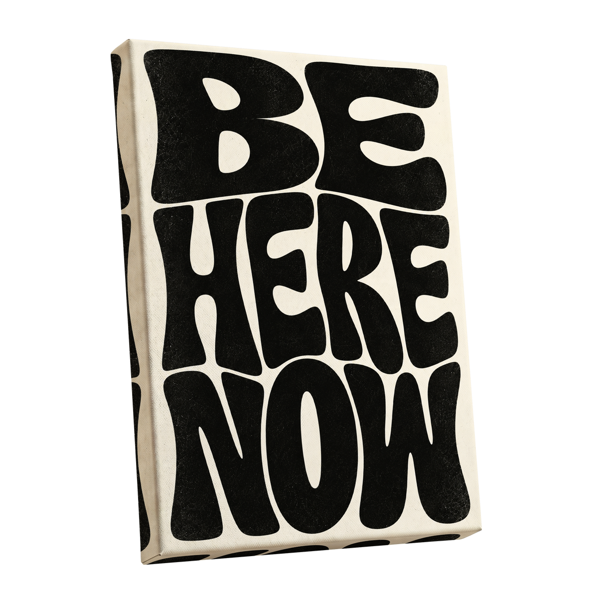 Be Here Now, black, beige minimalist wall art shown as a stretched canvas wall art