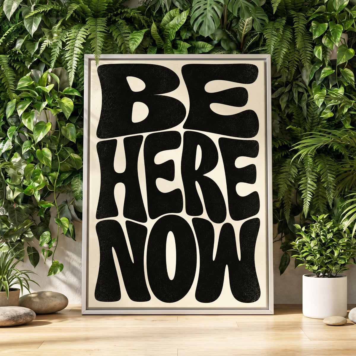 Be Here Now, black, beige minimalist wall art displayed in a styled interior, gallery view 2