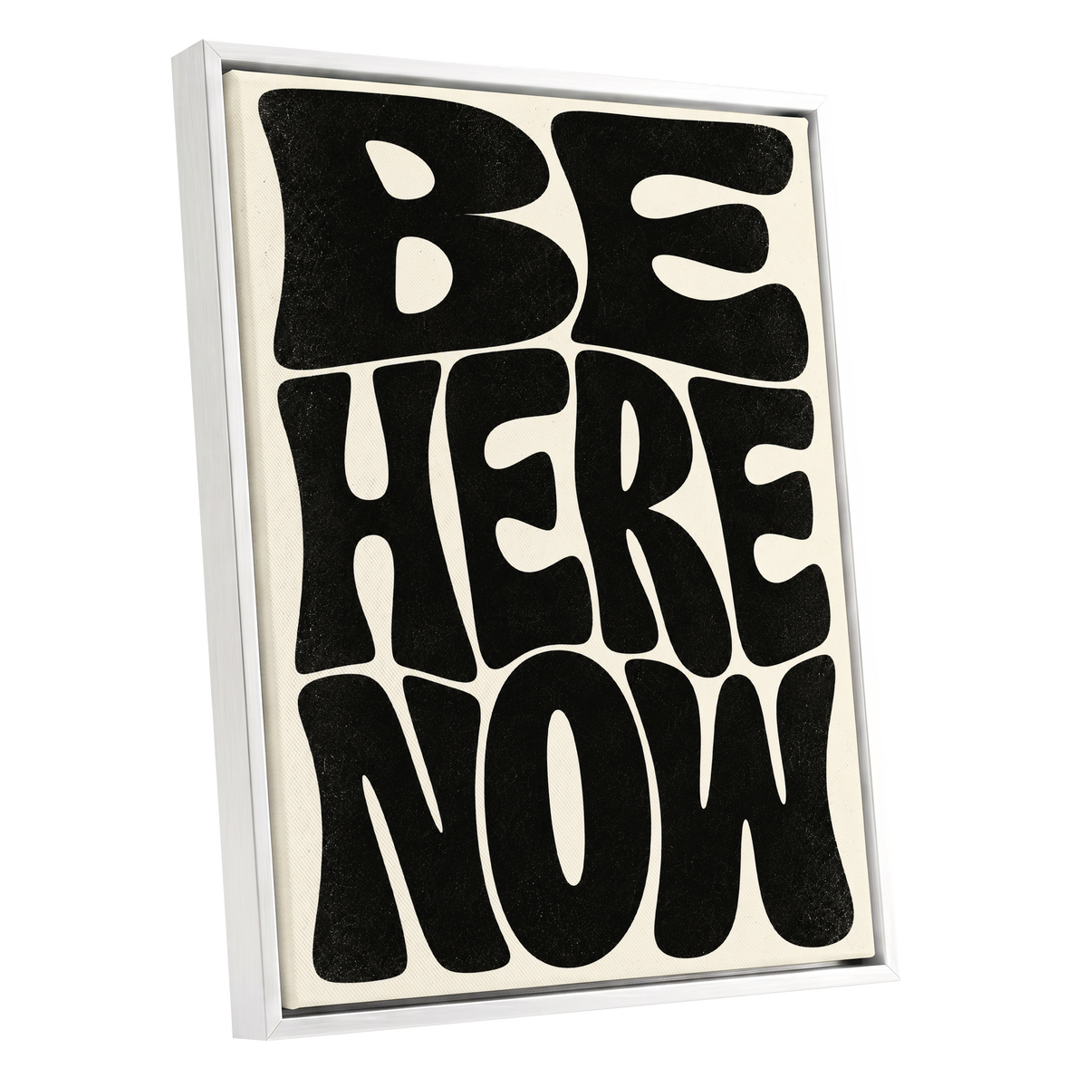 Be Here Now, black, beige minimalist wall art shown as a white framed canvas wall art
